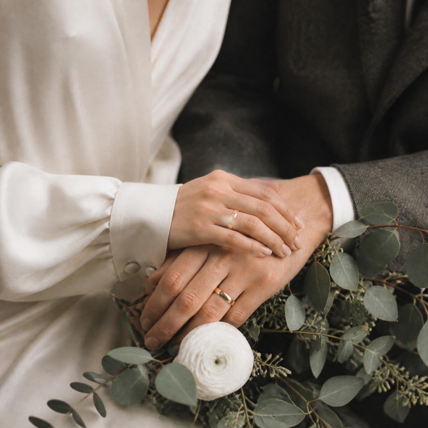 A couple's clasped hands with delicate gold wedding bands resting on a eucalyptus bouquet