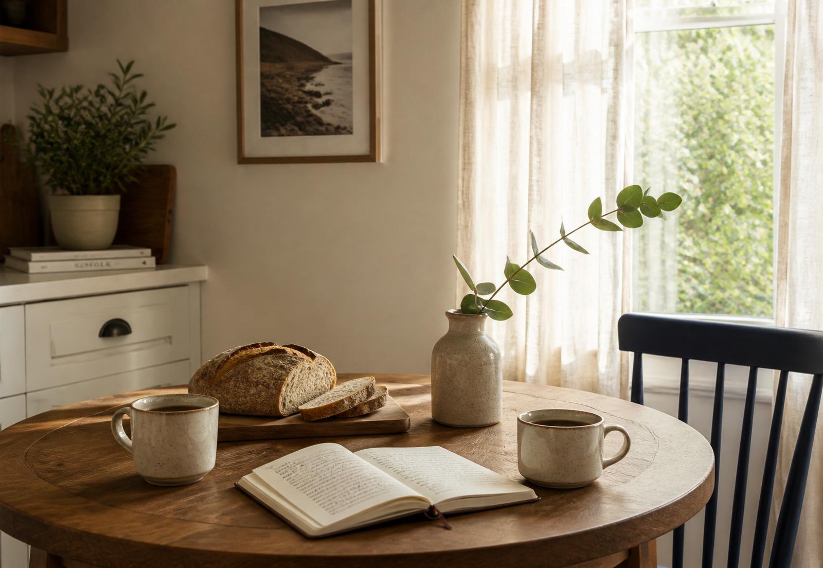 Sunlit kitchen nook with two ceramic mugs, sourdough, and eucalyptus in a stoneware vase