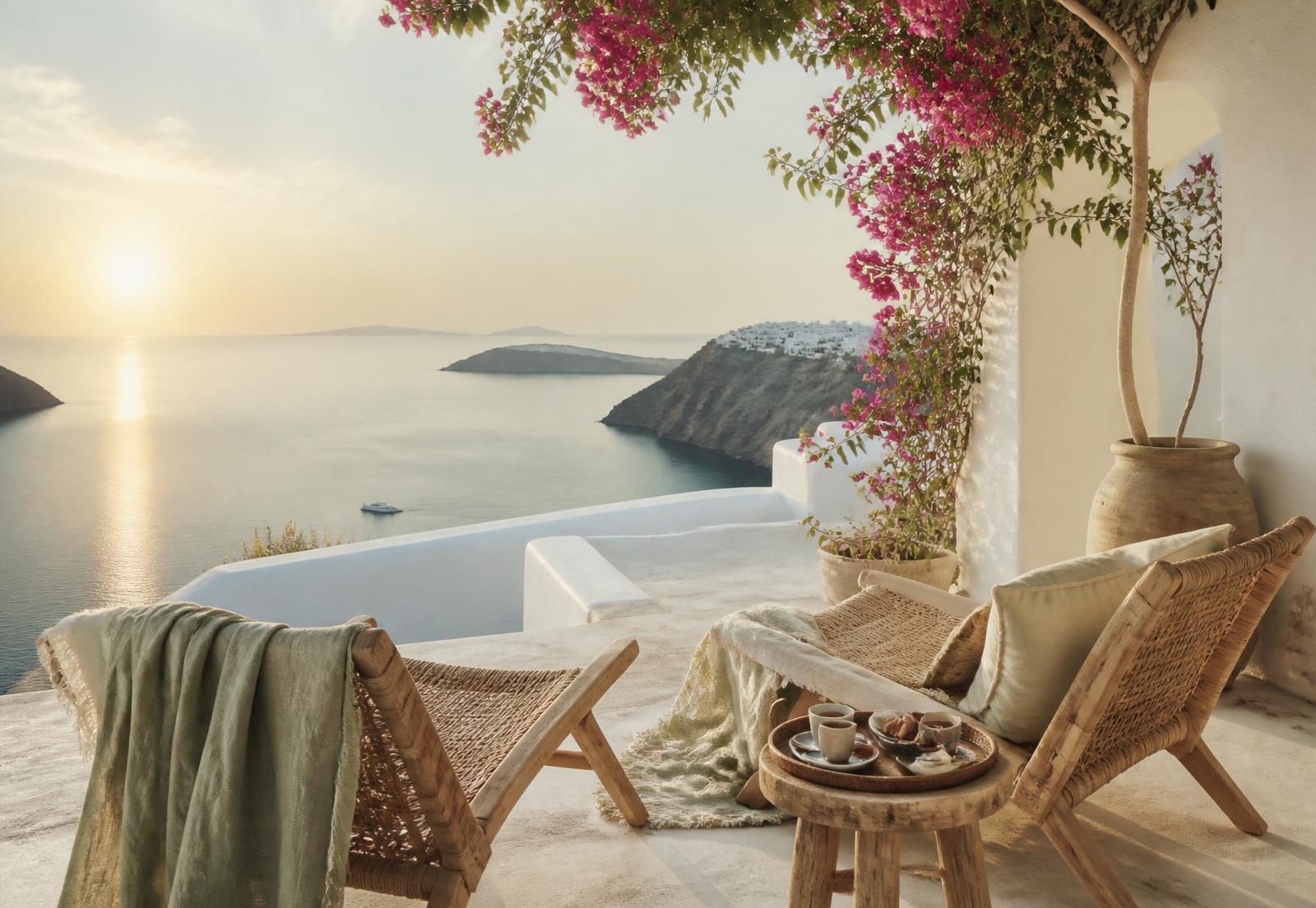 Mediterranean villa terrace at sunrise with rattan chairs and bougainvillea overlooking the sea