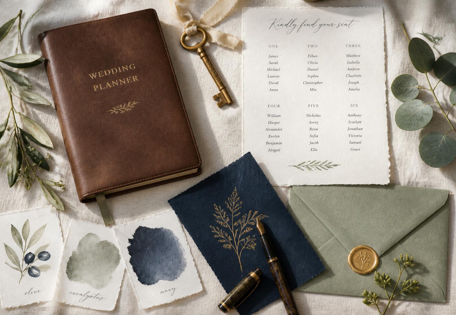 Wedding planner notebook with hand-lettered seating chart, olive branches, and navy watercolor swatches